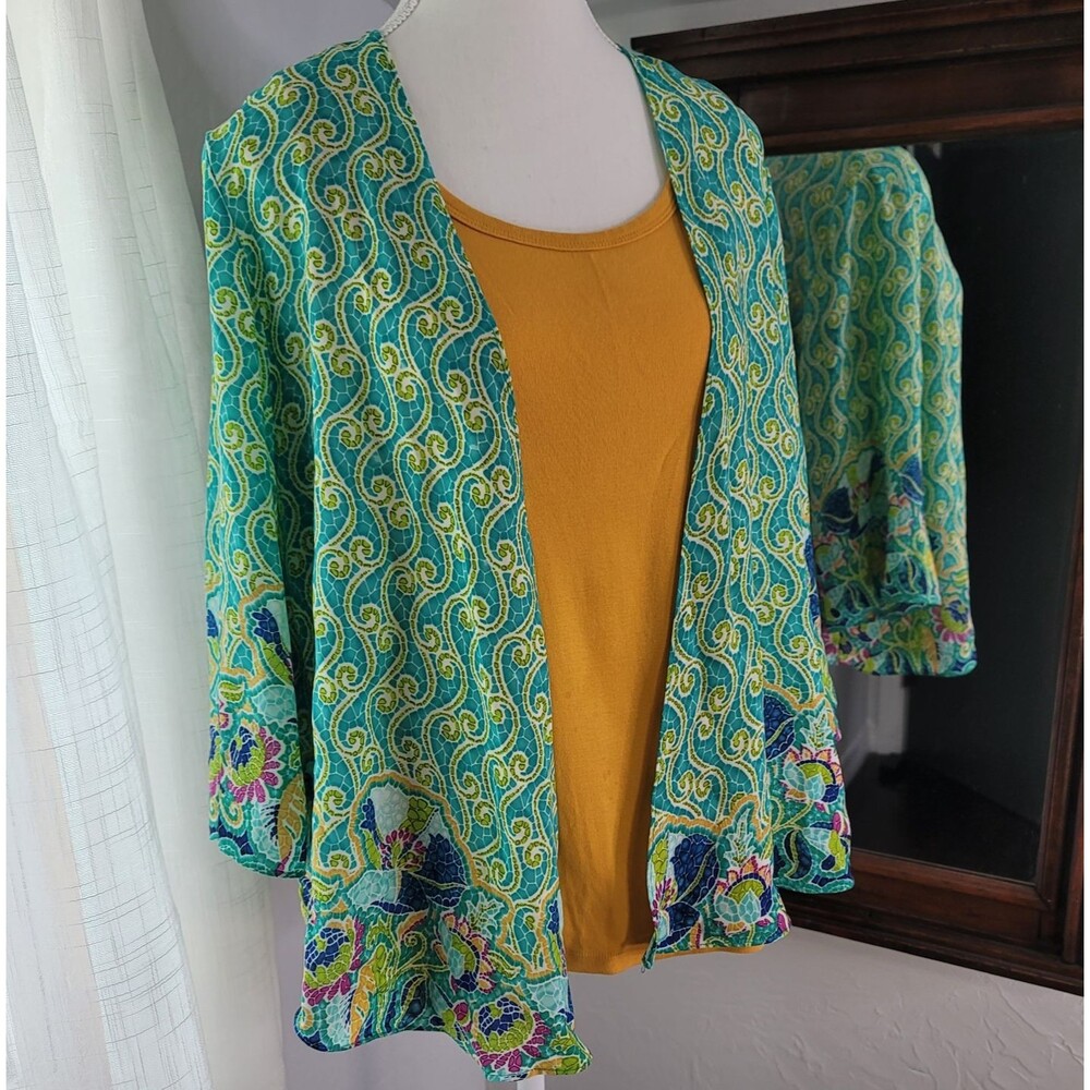 Lavender & Honey Open Front Kimono Cardigan Teal Paisley Boho Jacket Flowy S/M